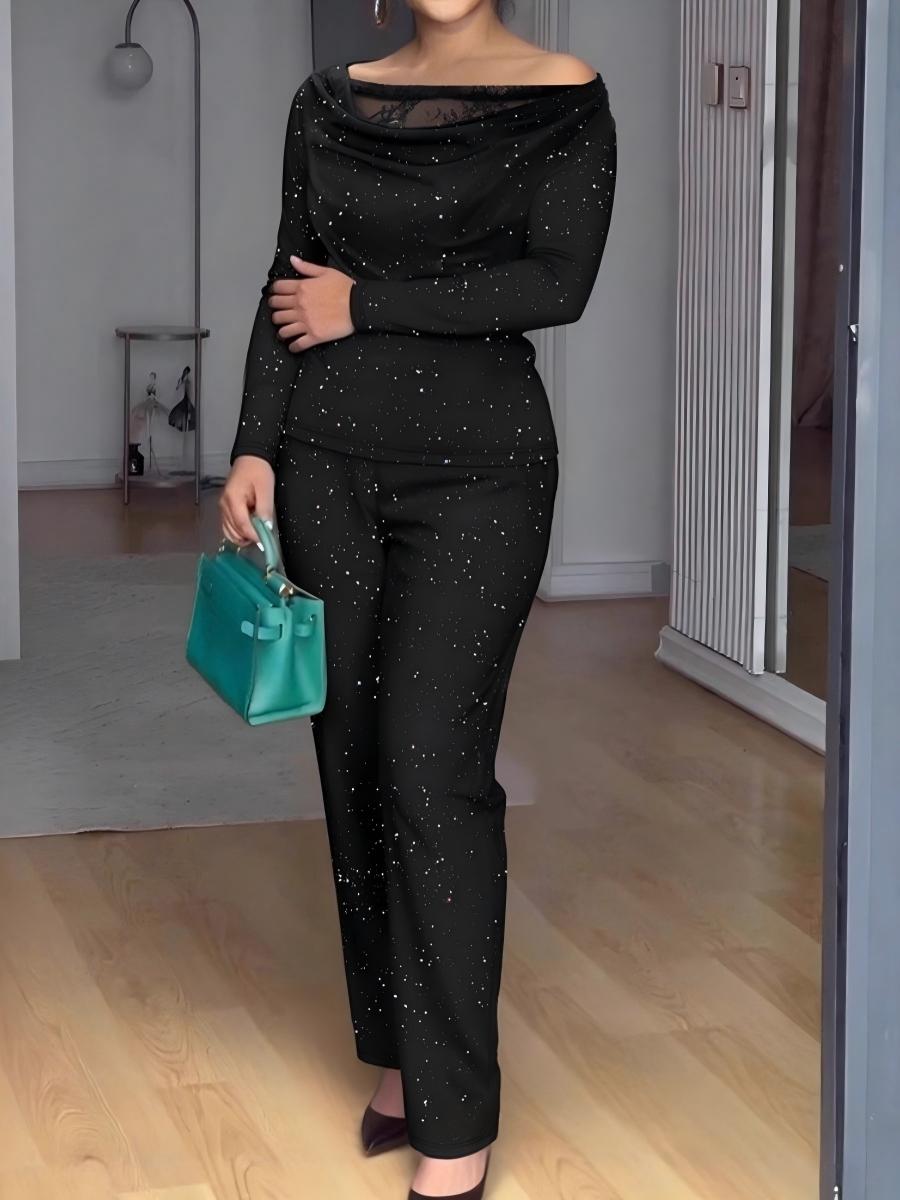 Sequined Lace Patchwork Long-sleeved Top And Wide-leg Pants 2-piece Sets