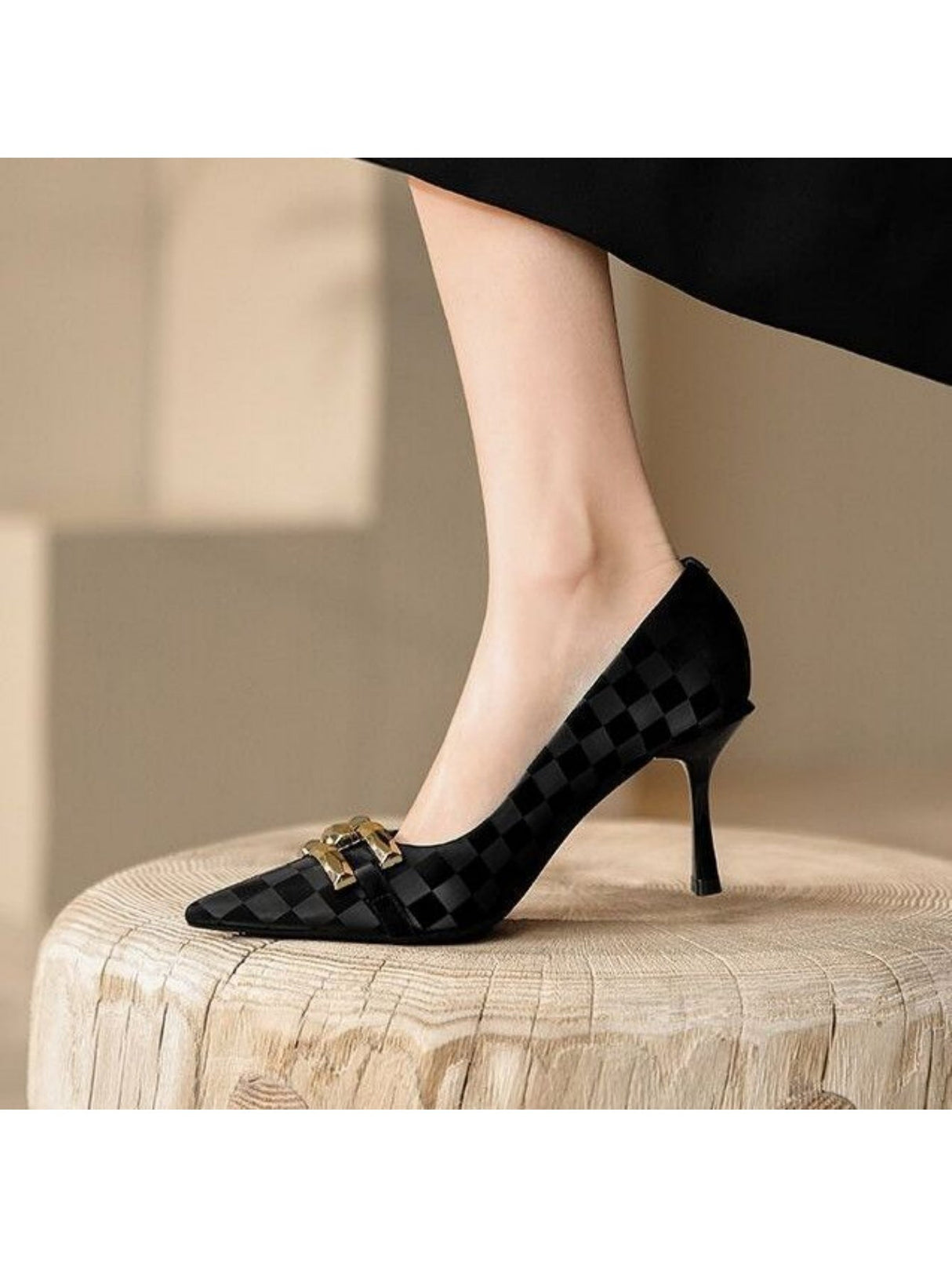 Liber Spring and Autumn Plaid Metal Buckle Women's High Heels