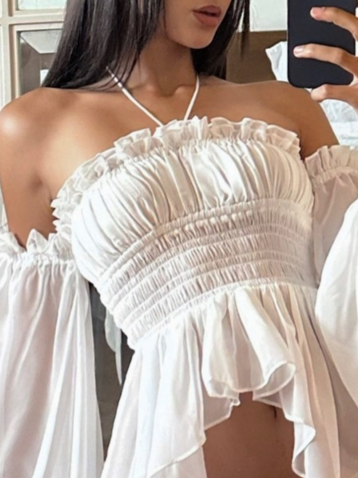 Ruffle Pleated Mesh See-through Off-shoulder Lantern Long Sleeves Neckband T-shirts