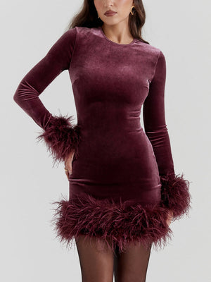 Black Furry Cuffs And Hem Velvet Mini&Short Dresses