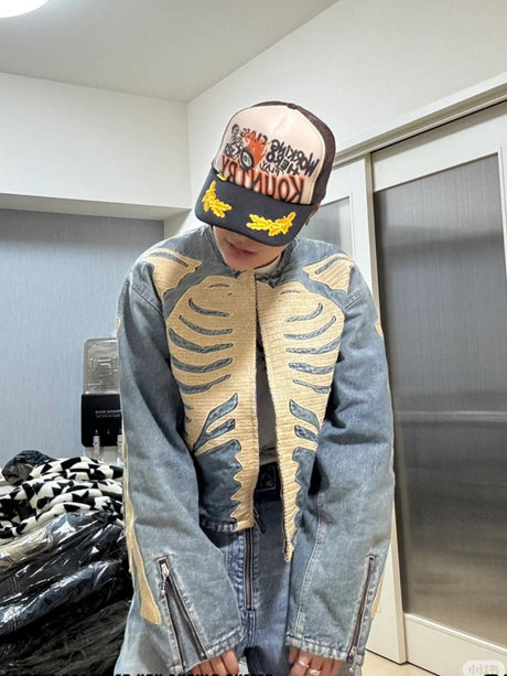 Old Skeleton Denim Shirt Washing Embroidery Knitted Cardigan Jacket