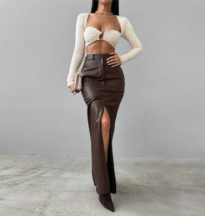 Slit Solid Color High Waist Simple Leather Slim Fit Midi Skirt