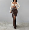 Slit Solid Color High Waist Simple Leather Slim Fit Midi Skirt