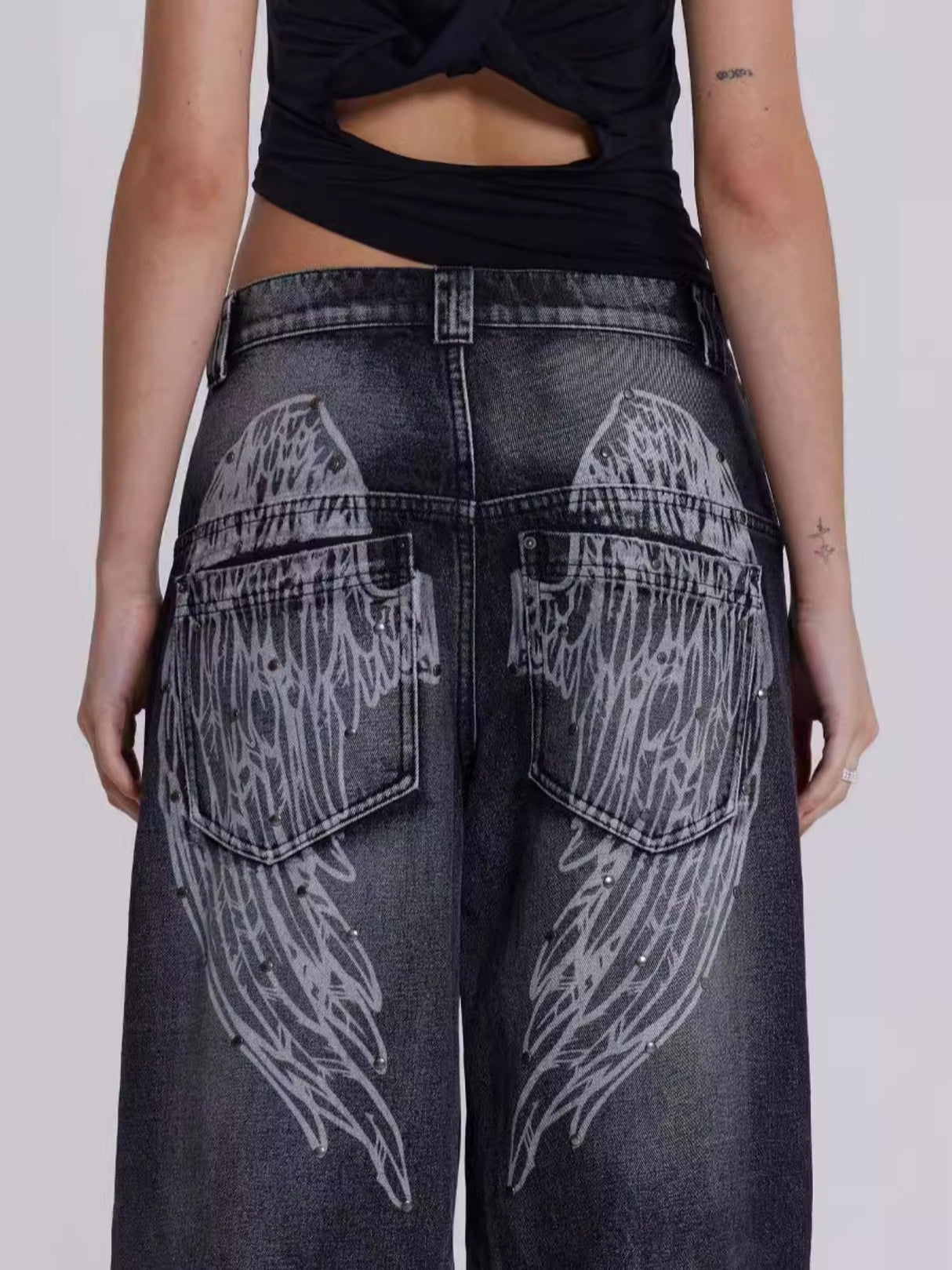 Y2k Angel Wings Print Washed Jeans