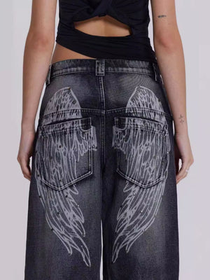 Y2k Angel Wings Print Washed Jeans