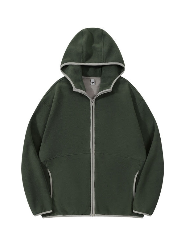 Fleece Contrasting Colors Plush Thickening Keep Warm Hooded Cardigan Jackets