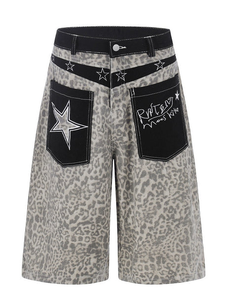 Retro Leopard Print Work Clothes Color-blocked Embroidery 7 Points Jeans