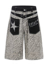 Retro Leopard Print Work Clothes Color-blocked Embroidery 7 Points Jeans