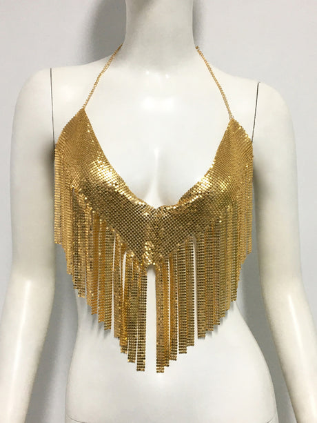 Diamond Sequins Tassel Halter Neck And Backless Tank Tops&Camis