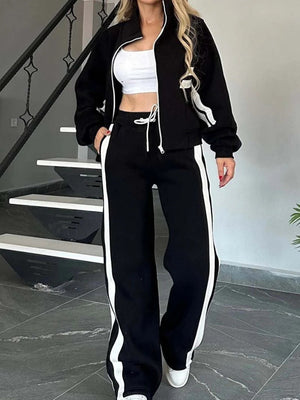 Stripes Zipper Top Wide-leg Pants Leisure Sports 2-piece Sets