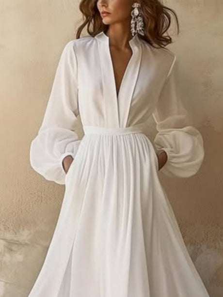 Long Sleeve V-neck Solid Color Pleated Belted Long Dress