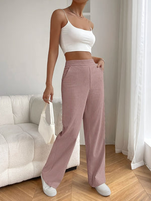Threaded High-waist Loose Wide-leg Pants With Draped Straight Legs