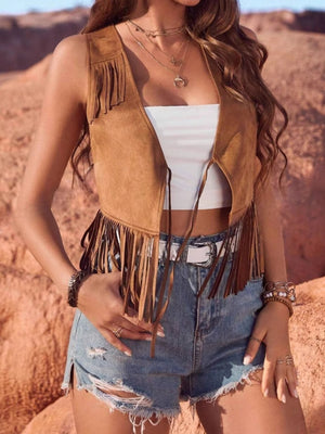 Imitation Suede Tassel Lace Up Sleeveless Vests