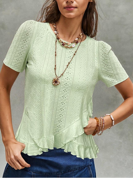 Jacquard Hollow Out Ruffle Crew Neck Short Sleeve T-shirts