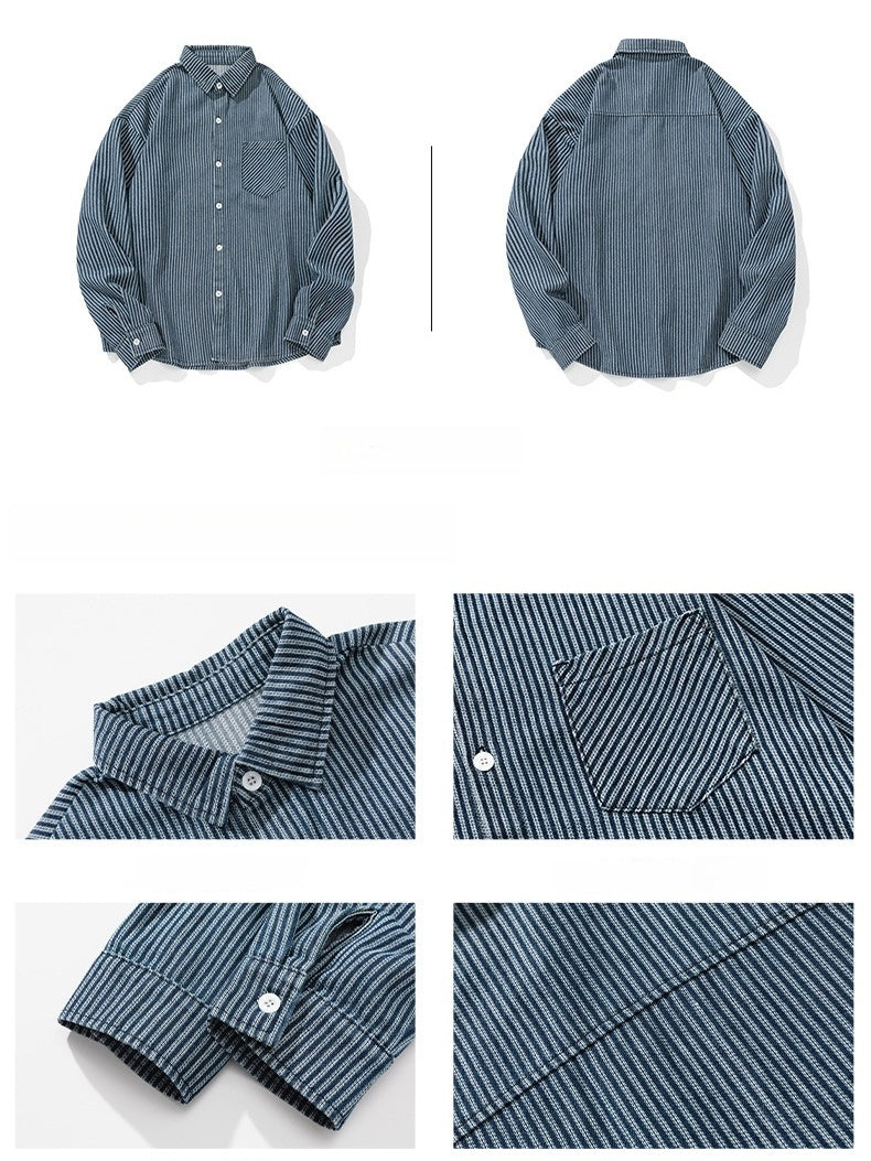 Vintage Wash Denim Striped Long-Sleeve Shirt