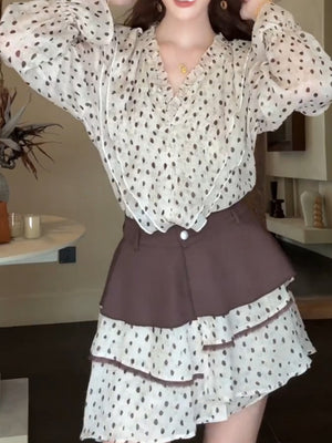 Korean Style Preppy Polka Dot Dress Two-piece Set