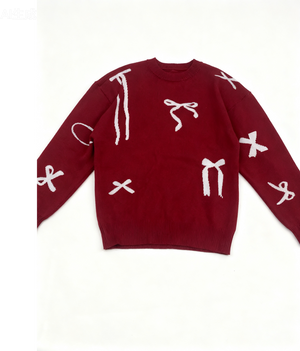 Christmas Bow Jacquard Sweet Red Round Neck Inner Top Long-sleeved Sweater