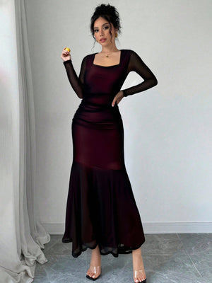 Burgundy Sheer Long-sleeved Square-neck Fitted Long Dress