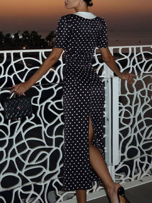 Polka Dots Color-blocked Puff Sleeve Bodycon Slimming Maxi Dresses