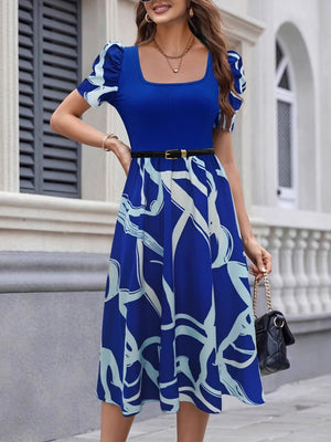 Commuting Knitting Printed Square Collar Puff Sleeve Midi Dresses