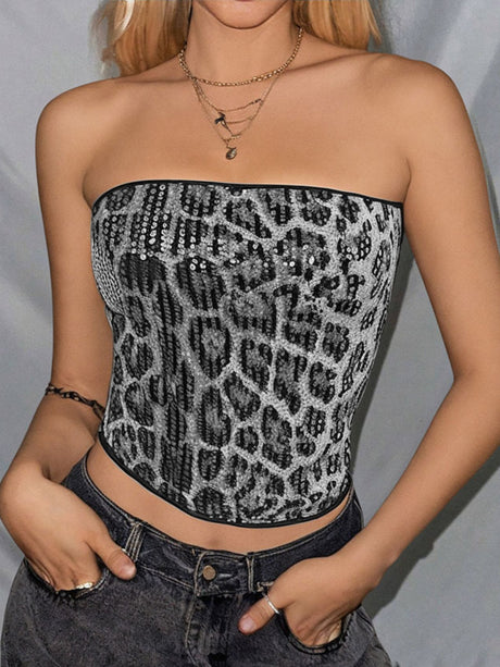 Leopard Print Sequins Stretch Strapless Vest