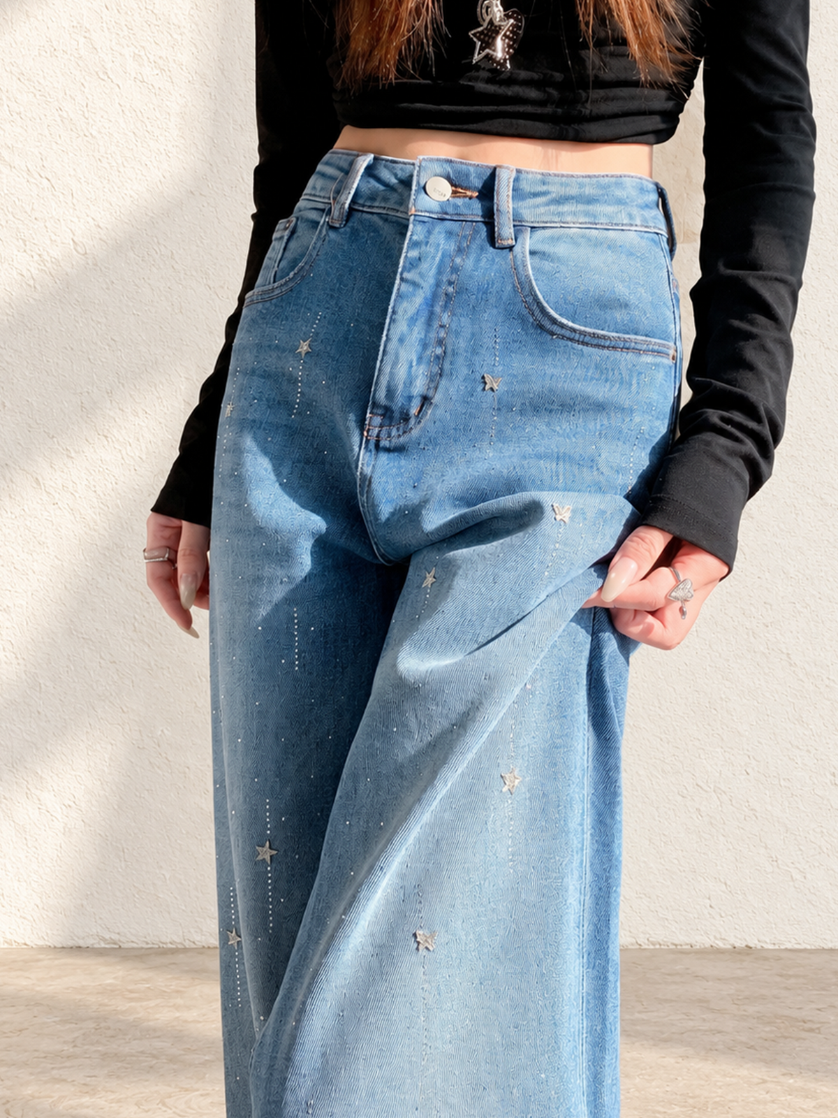 Autumn/Winter Women's Blue Whisker Pattern Jeans With Rhinestones