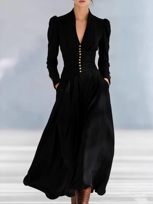 V-neck Puff Sleeve Long-sleeved Midi Dress
