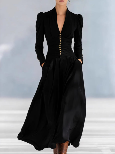 V-neck Puff Sleeve Long-sleeved Midi Dress
