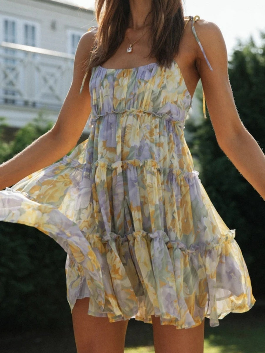 Resort-style Floral Print Multi-layered Ruffled Short Sundress