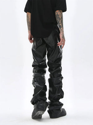 Pantalon en cuir PU plissé brillant style Dark-Punk