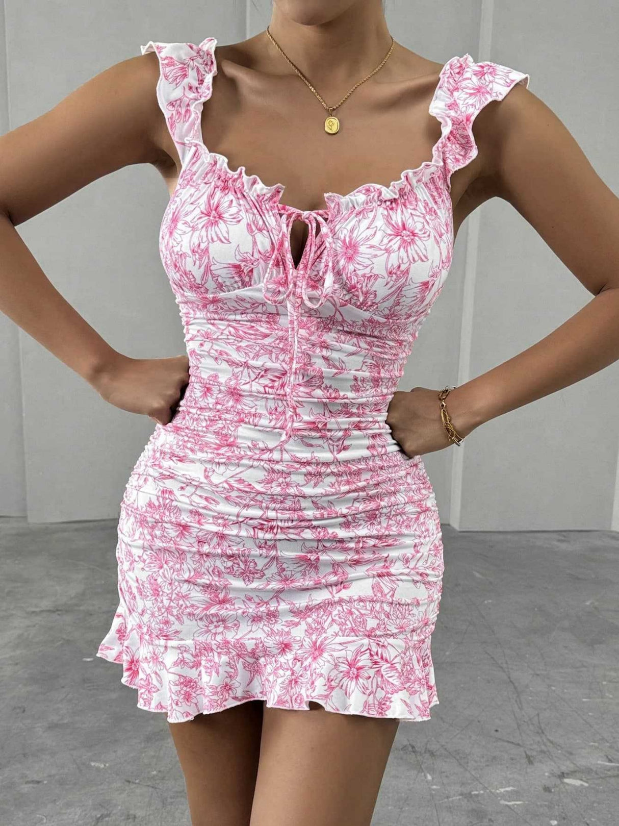 Floral Print Ruffle Off-shoulder Waist Shaping Mini&Short Dresses