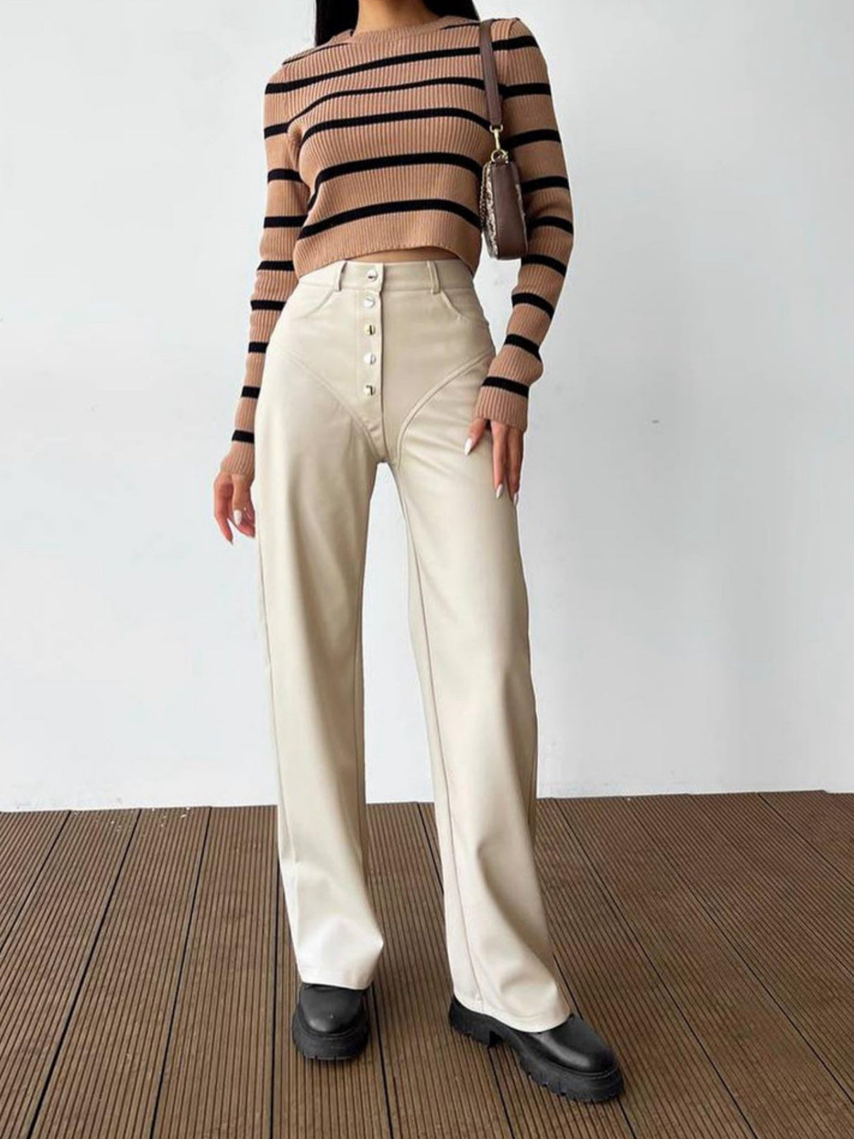 Leather Stitching Buttons High-waisted Straight-leg Pants Pants