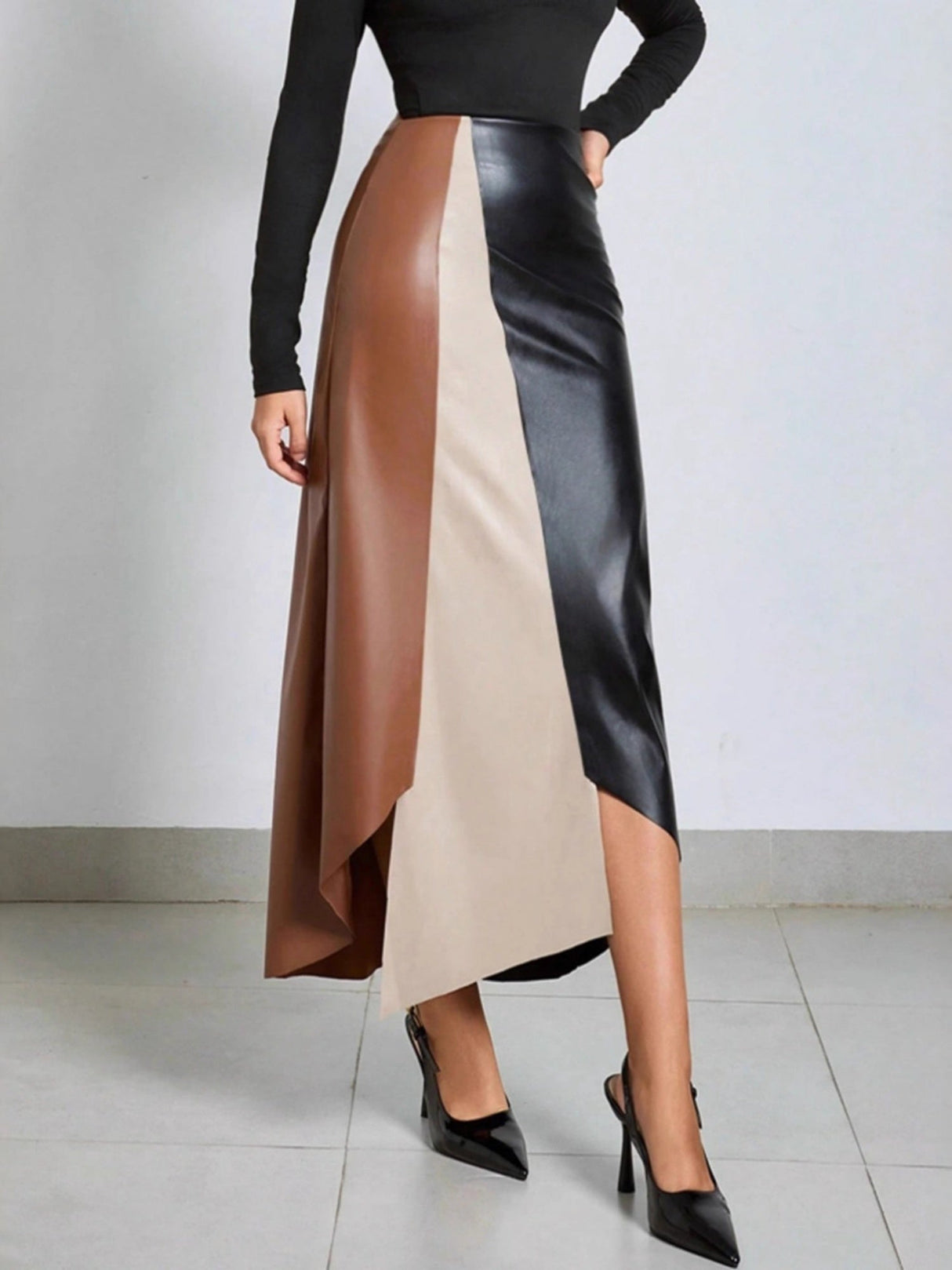 PU Color Matching High-waisted Hip-hugging Zipper Skirts