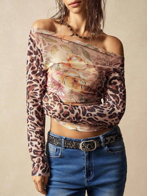 Pullover Mesh Off-shoulder Floral Leopard Print Patchwork T-shirts Swing Collar Street Casual T-shirt