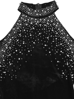 Robe de soirée maxi sans manches, ornée de strass thermocollants et de bulles, épaules dénudées