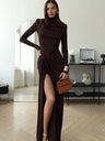 High-neck Long-sleeved Bandage Waist Sexy Grace Hip-hugging Cocktail Maxi Dress