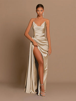 Sexy Strapless Style Deep V-neck Satin Waist Corset Dinner Party Long Dress