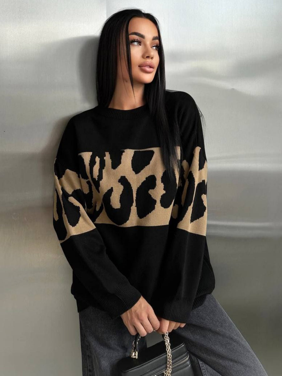 Liber Autumn women's leopard print clothing Raglan sleeve paneled pullover sweater