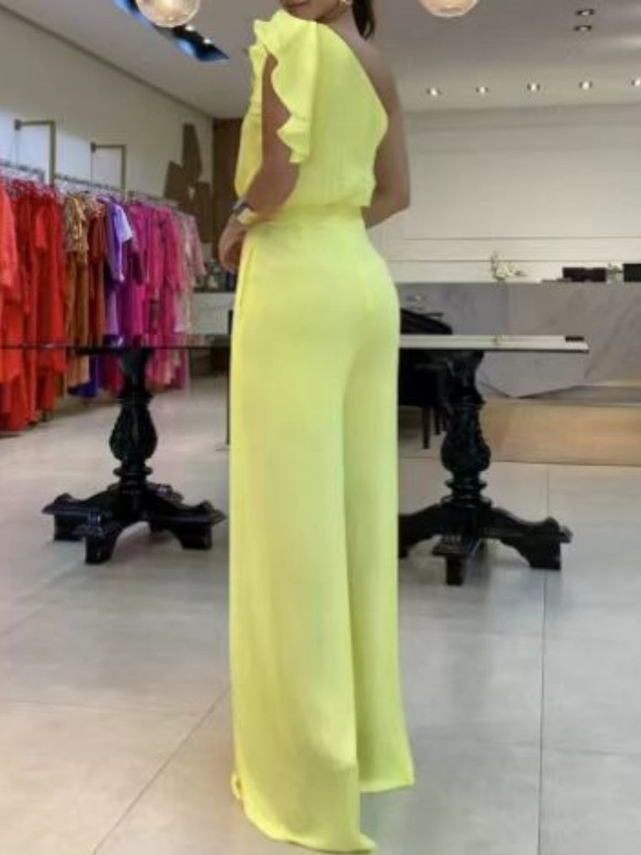 3D Flowers Chiffon Sloping Shoulders Jumpsuits