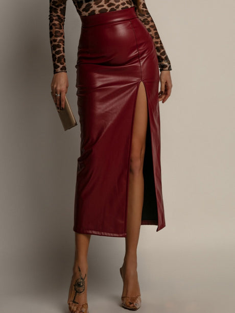 PU Leather High-waisted Side Slit Longline Skirts