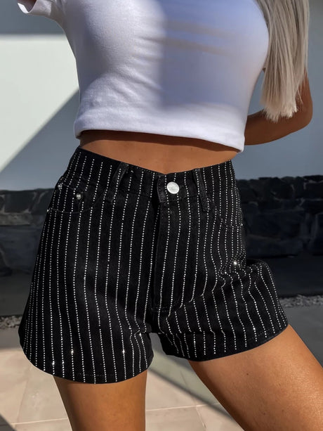 Rhinestone-studded Pocket Straight-leg Denim Shorts