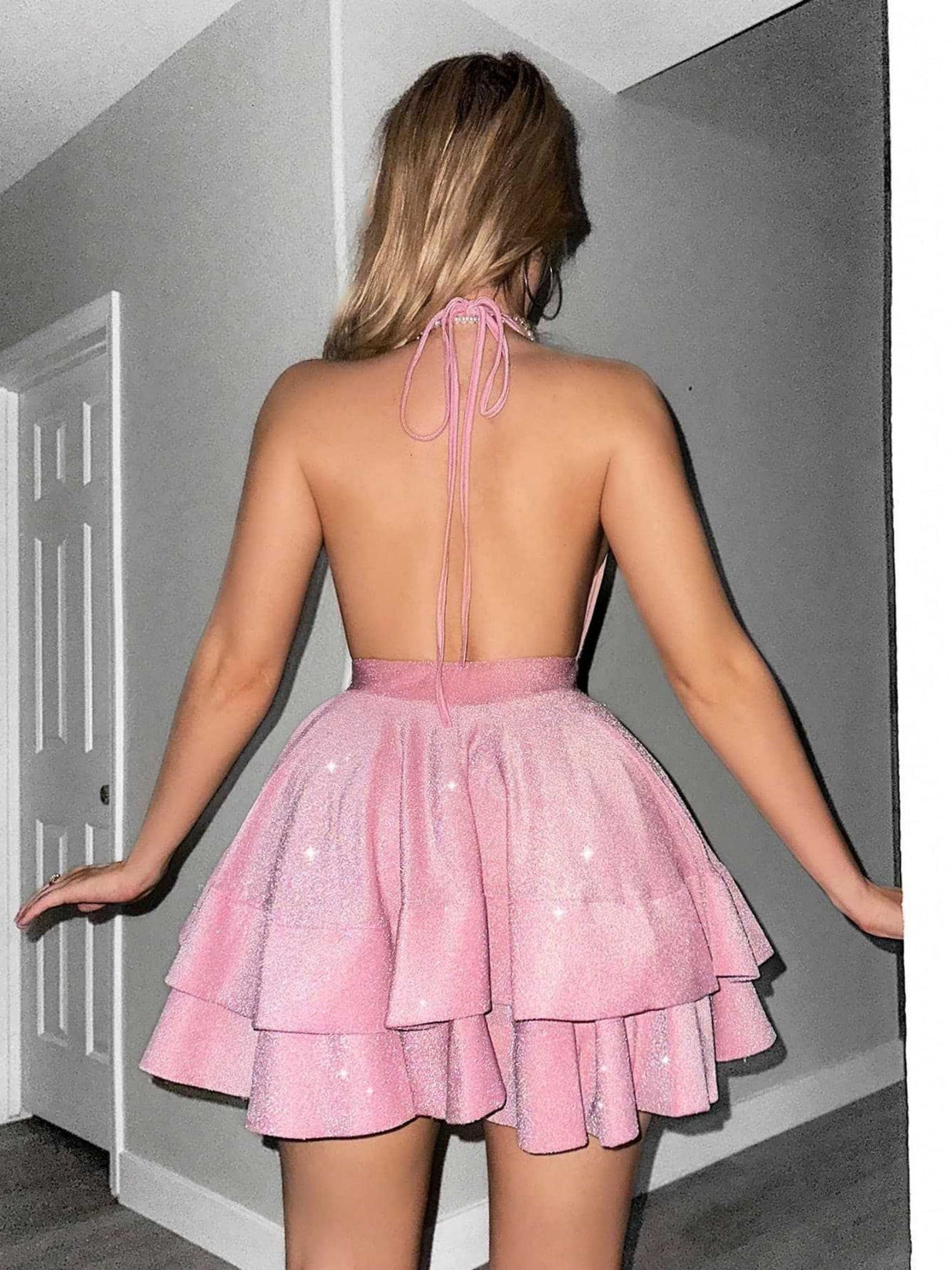 Sequins Deep V-neck Ruffles Tutu Mini&Short Dresses