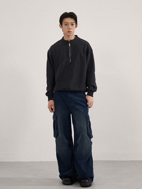 Retro Washing Corduroy Leisure Pleated Multiple Pockets Cargo Trousers