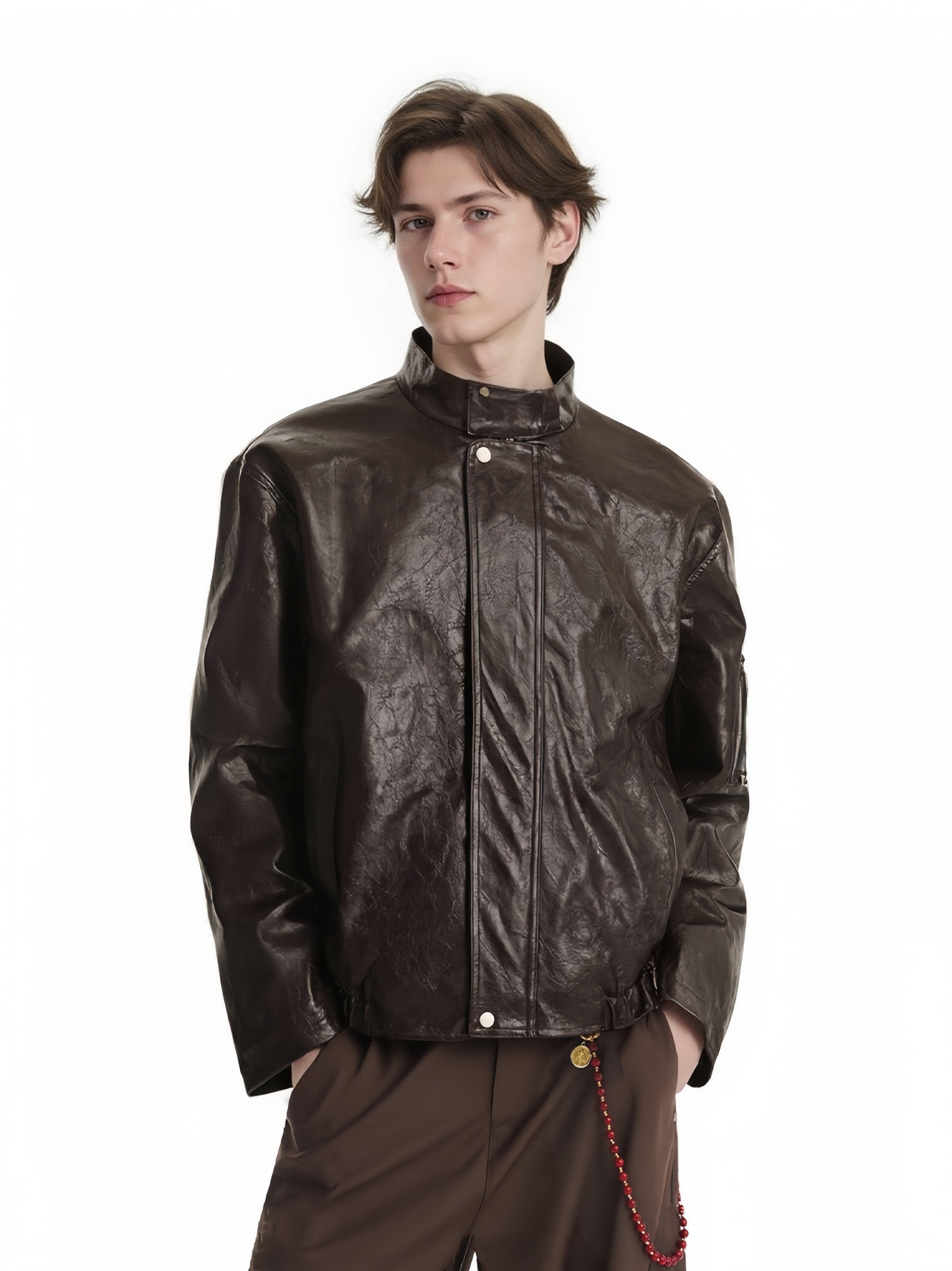 Retro Old Money Style Brown Cleanfit Silhouette Stand Collar Leather Jacket