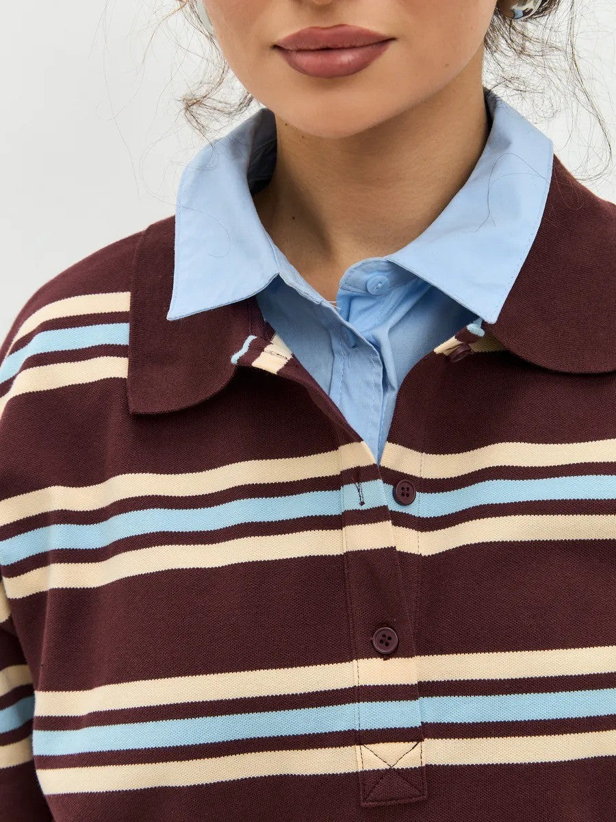 Long-sleeved Striped T-shirt, Polo Collar, Loose-fitting T-shirt