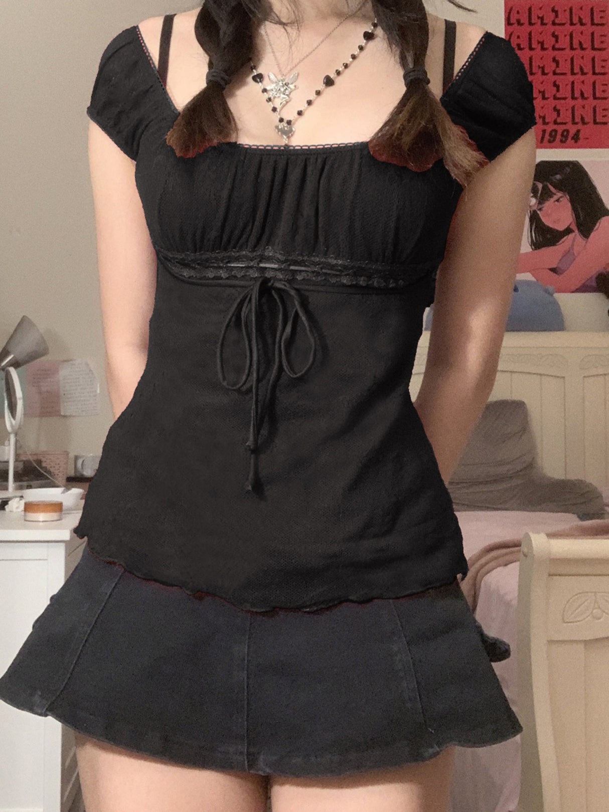 Bow-knot Waist Lace Patchwork Sweet Short Sleeves T-shirts