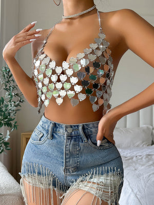 Heart-shaped Sequins Spliced Open Back Sexy Tank Tops&Camis