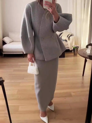 Solid Color Buttons Puff Sleeve Blazers Skirts 2-piece Sets