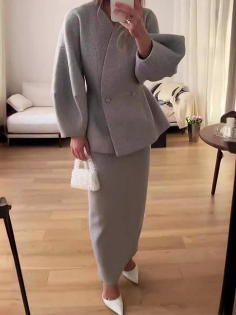 Solid Color Buttons Puff Sleeve Blazers Skirts 2-piece Sets