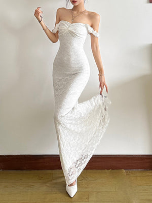 Lace Jacquard Square Neck Suspenders Sweet Pleats Maxi Dresses